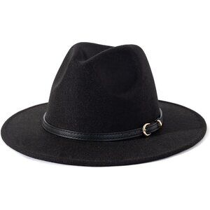 ✨ Lisianthus Classic Felt Fedora Women Black Wide Brim Fashion Belt Buckle Hats